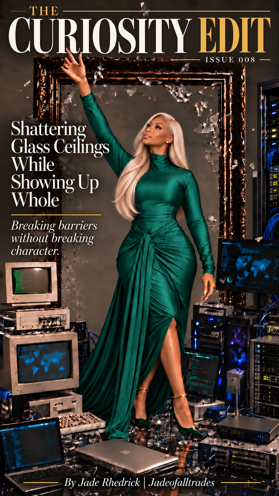 The Curiosity Edit Issue 008 cover featuring Jade Rhedrick shattering a glass ceiling in an emerald gown among technology equipment