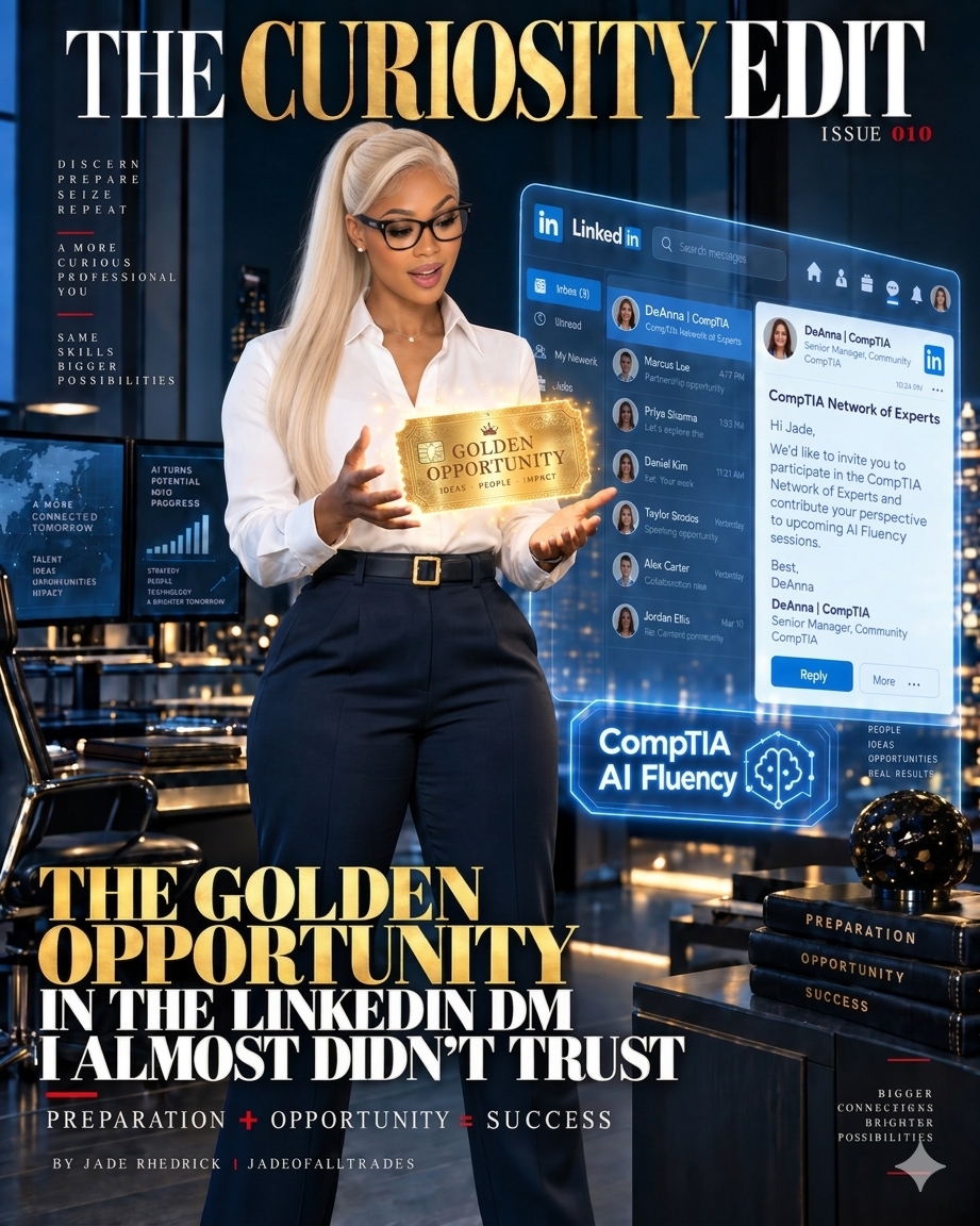 The Curiosity Edit Issue 010 cover featuring Jade Rhedrick reading a glowing golden message on her phone