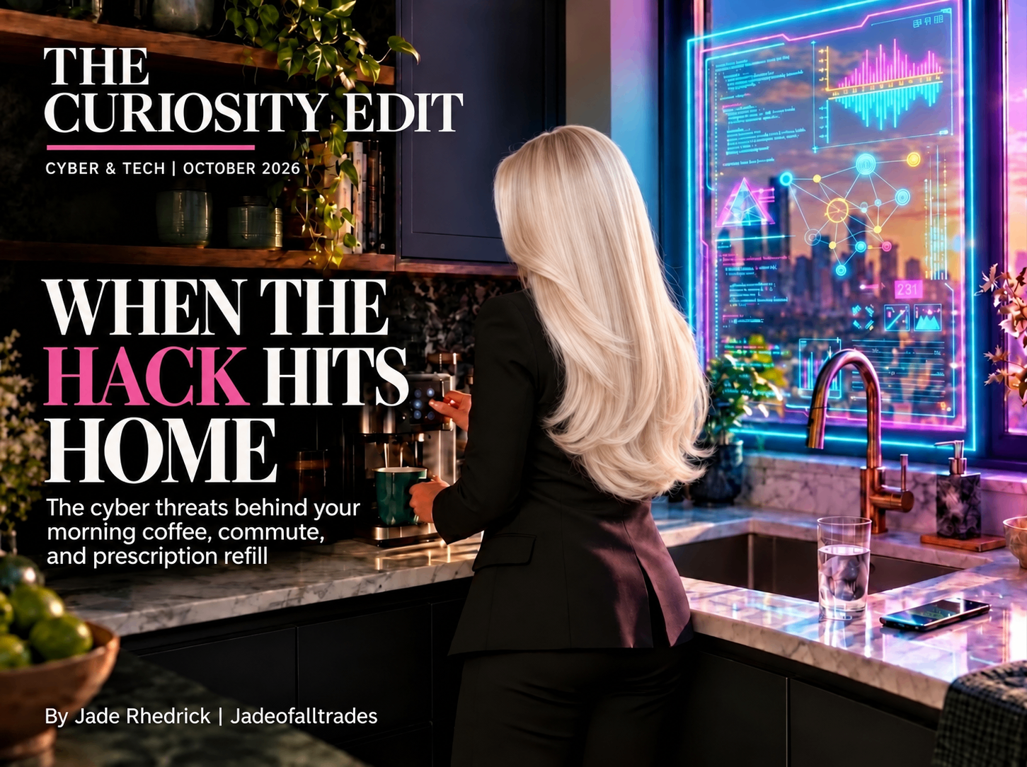 The Curiosity Edit Issue 011 cover: Jade seen from behind making morning coffee as a glowing cyber-dashboard overlays the kitchen window, When the Hack Hits Home