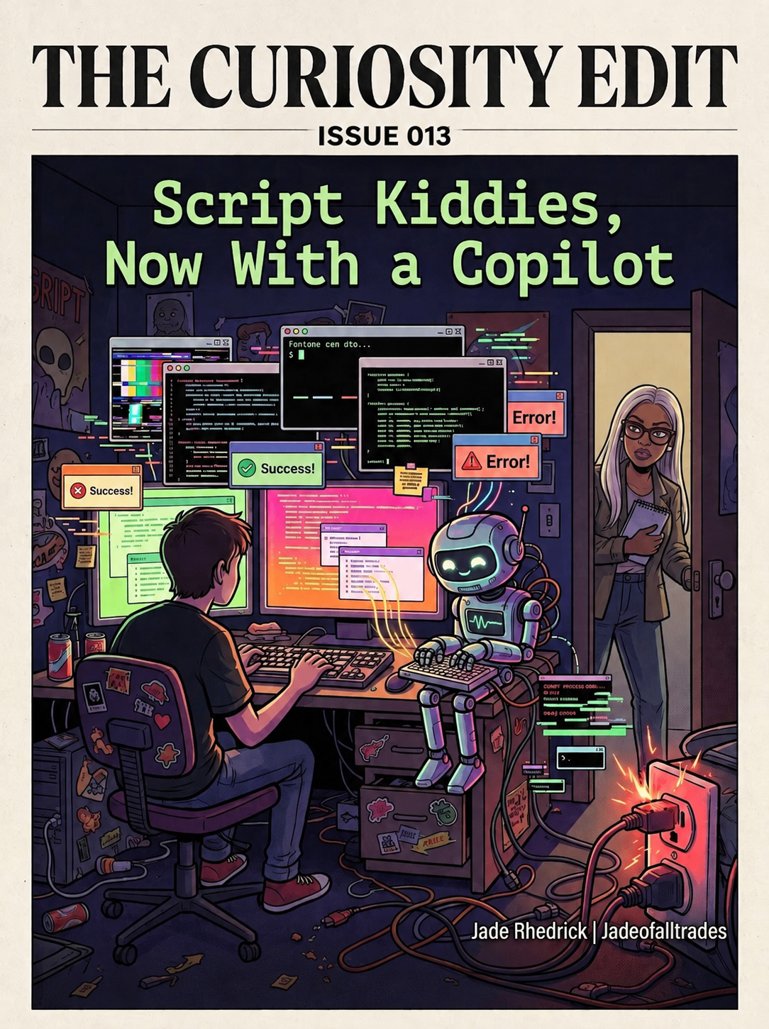 The Curiosity Edit Issue 013: Script Kiddies, Now With a Copilot — an illustrated coder and robot assistant at a desk, with Jade in the doorway