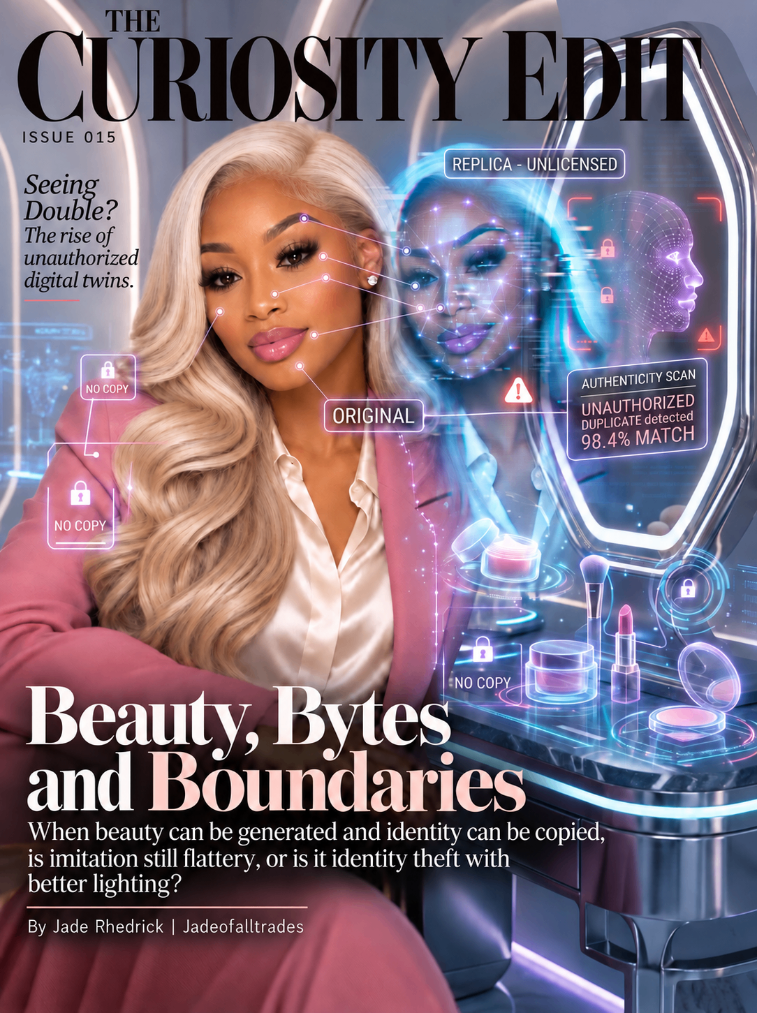 Issue 015 cover: a woman beside a vanity mirror showing an unlicensed AI replica of her face