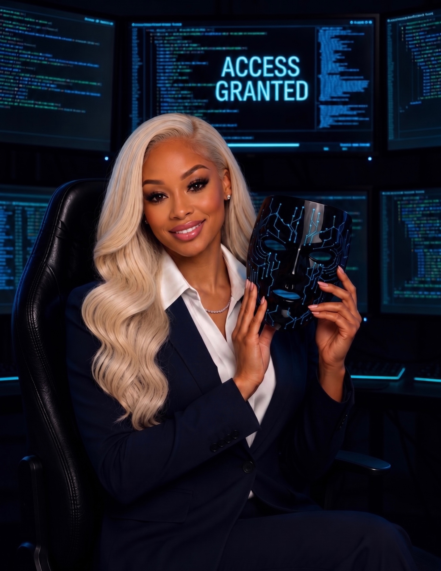 Jade in a navy suit holding a circuit-pattern mask inside a cyber command center with ACCESS GRANTED glowing on the monitors
