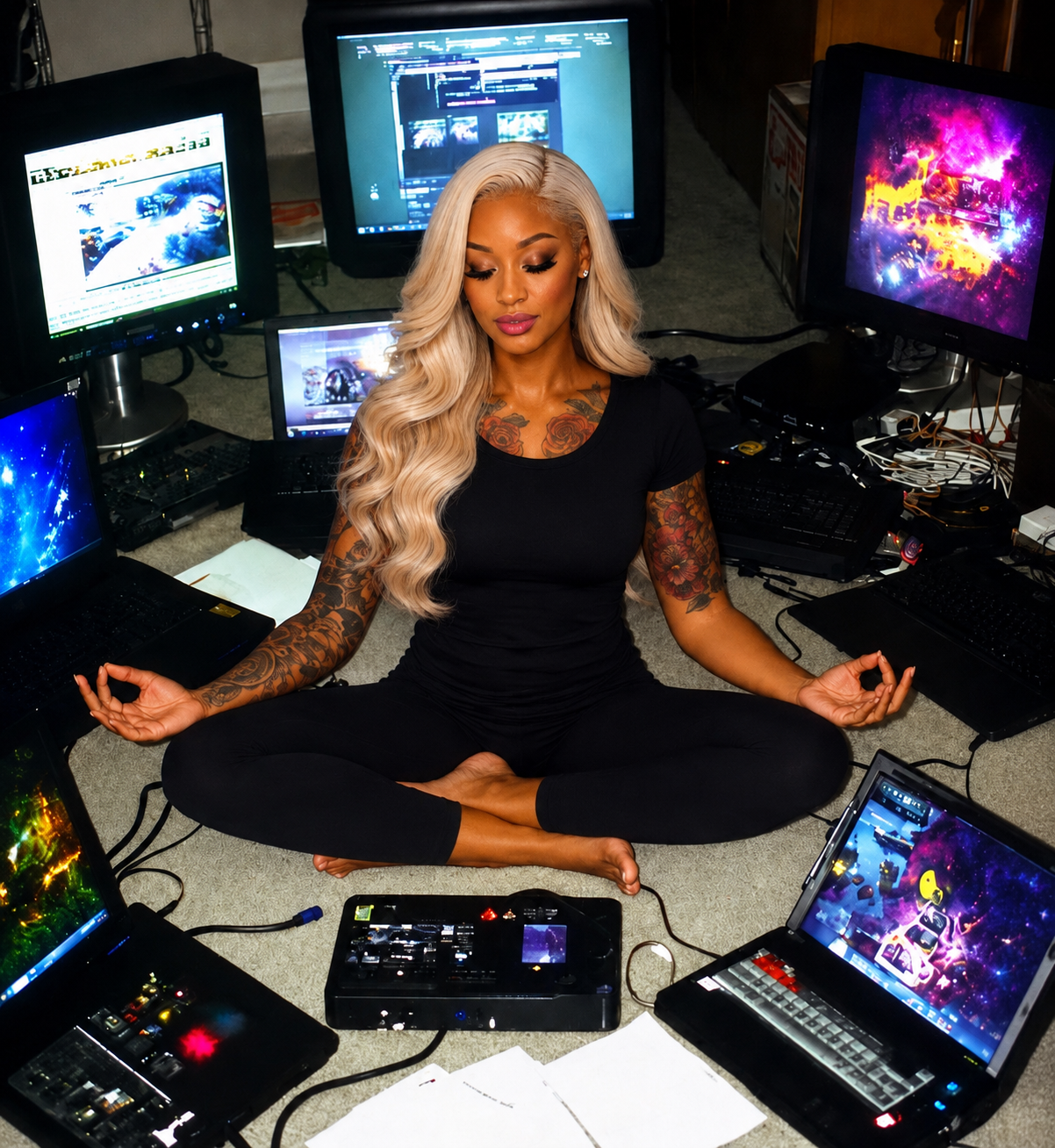 Jade meditating in lotus pose surrounded by glowing monitors and laptops