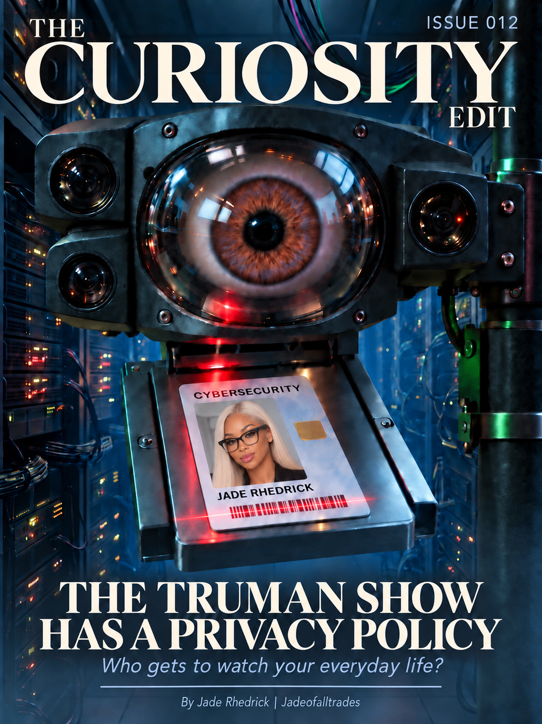 The Curiosity Edit Issue 012 cover: a surveillance camera's eye scans Jade's ID card in a server room