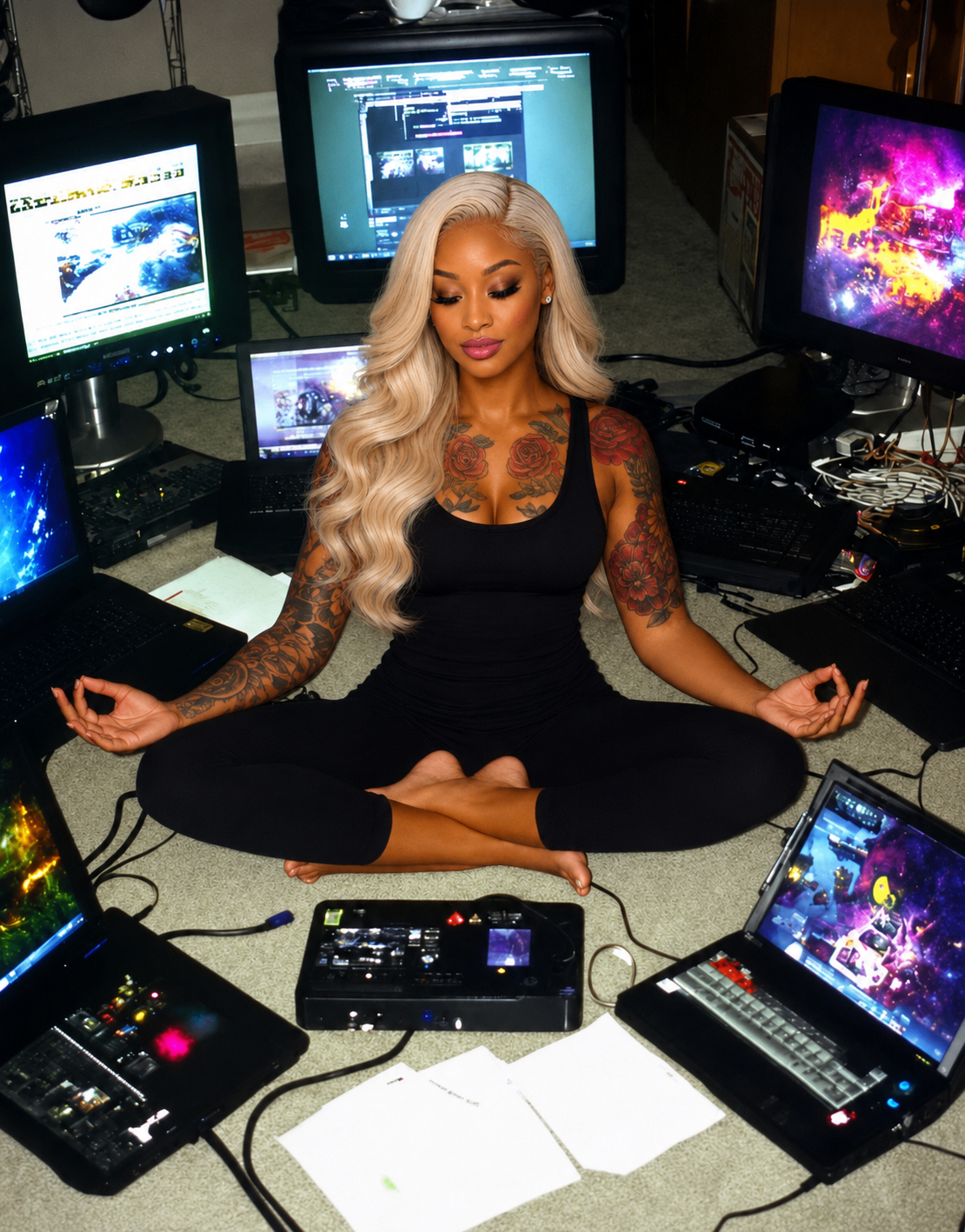 Jade meditating in lotus pose surrounded by glowing monitors and laptops