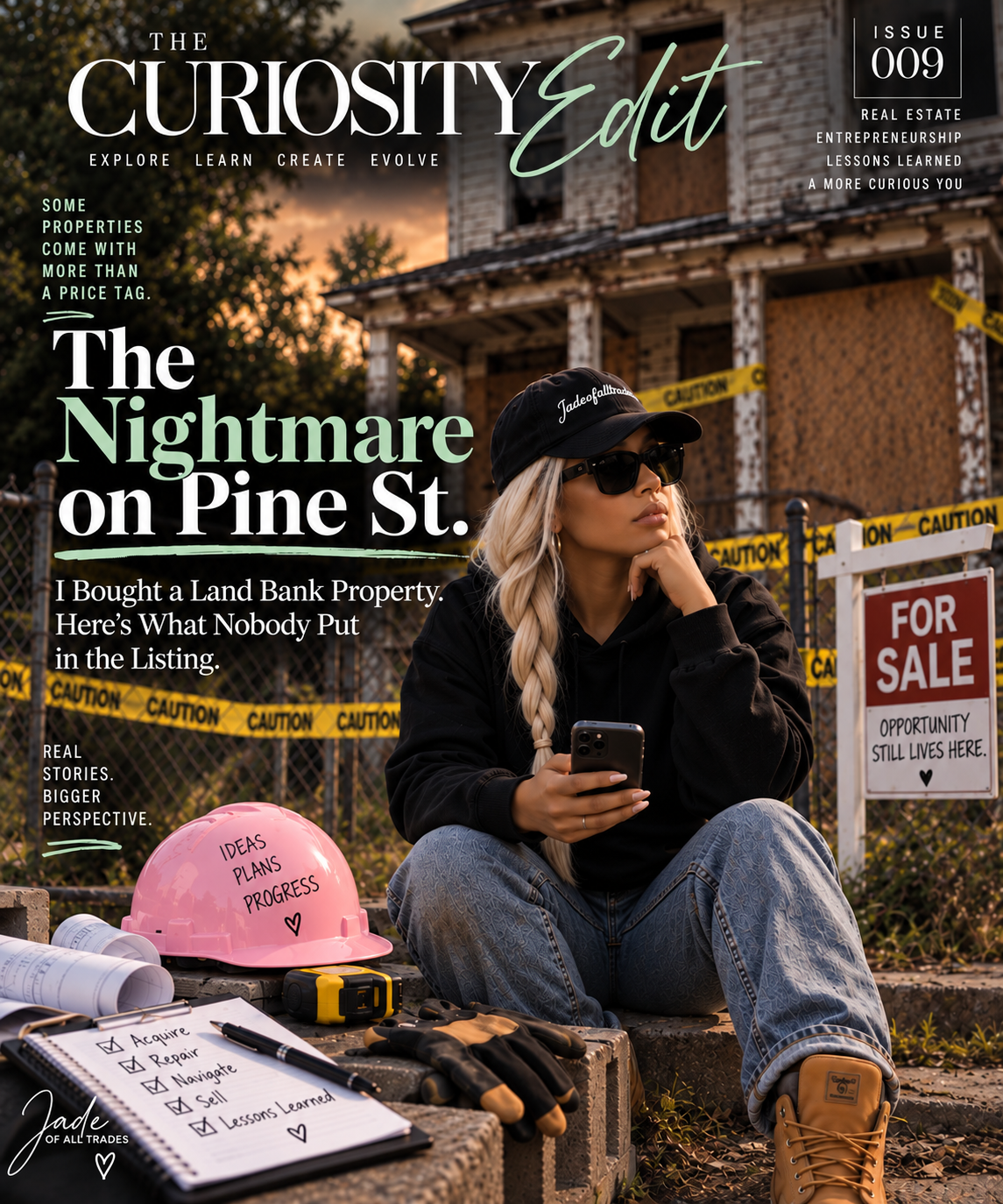 The Curiosity Edit Issue 009 cover featuring Jade Rhedrick outside a distressed Pine Street property