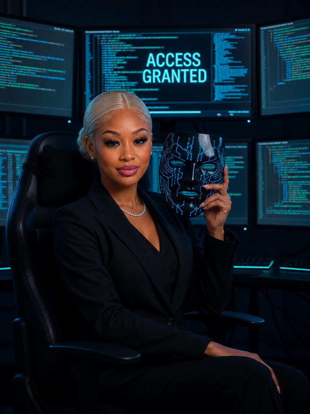 Jade in a security operations center holding a circuit-board mask with ACCESS GRANTED on the monitors behind her